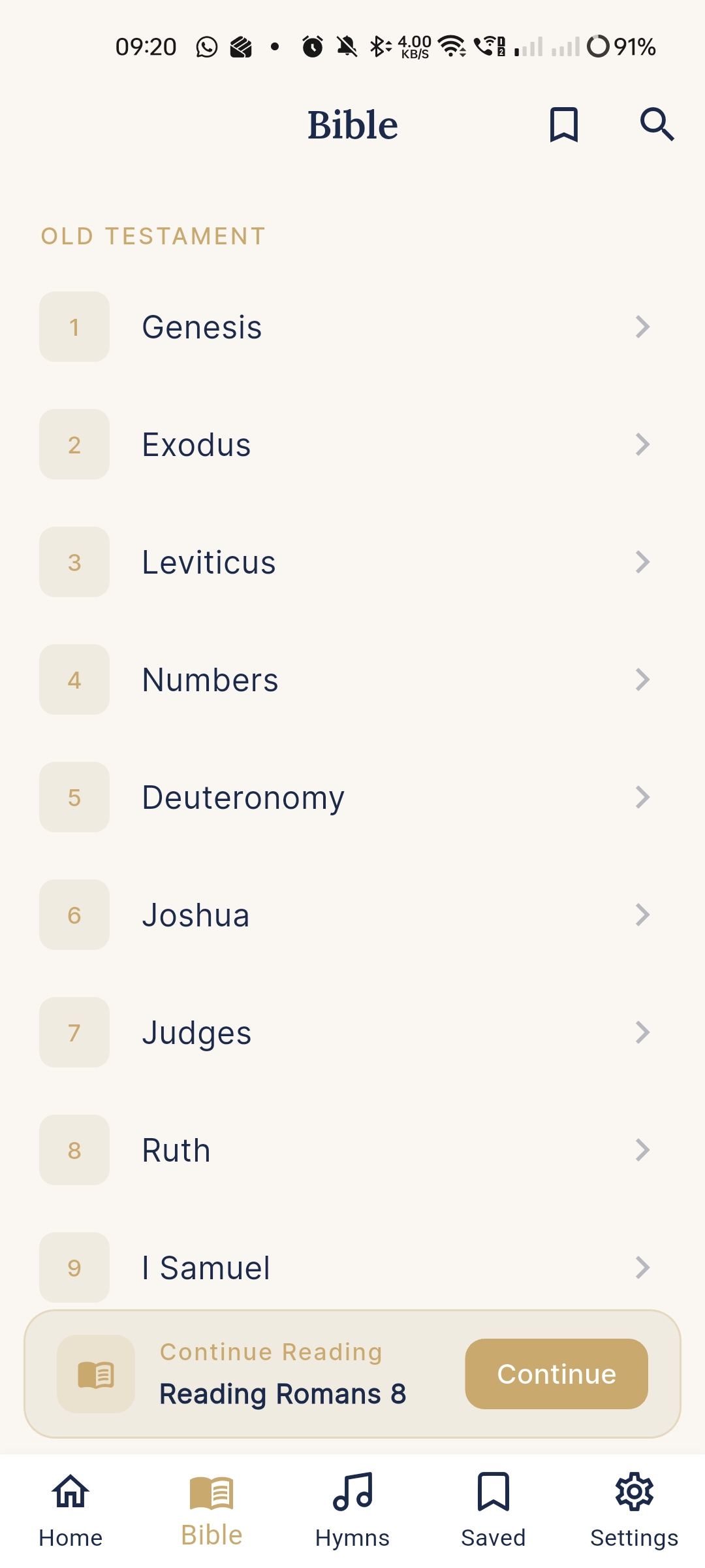 Bible book list with continue reading prompt