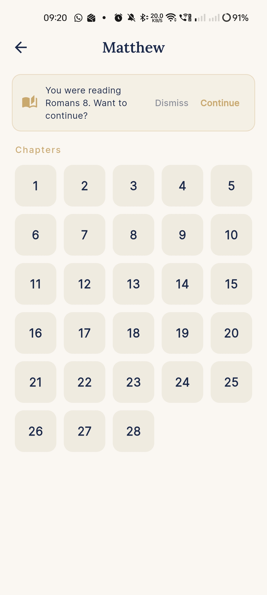 Matthew chapter picker with continue reading prompt