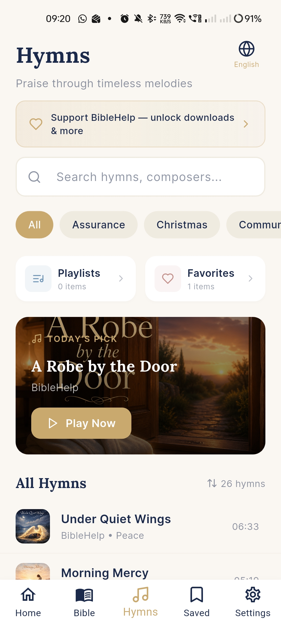 Hymns screen with search, categories, and today's pick