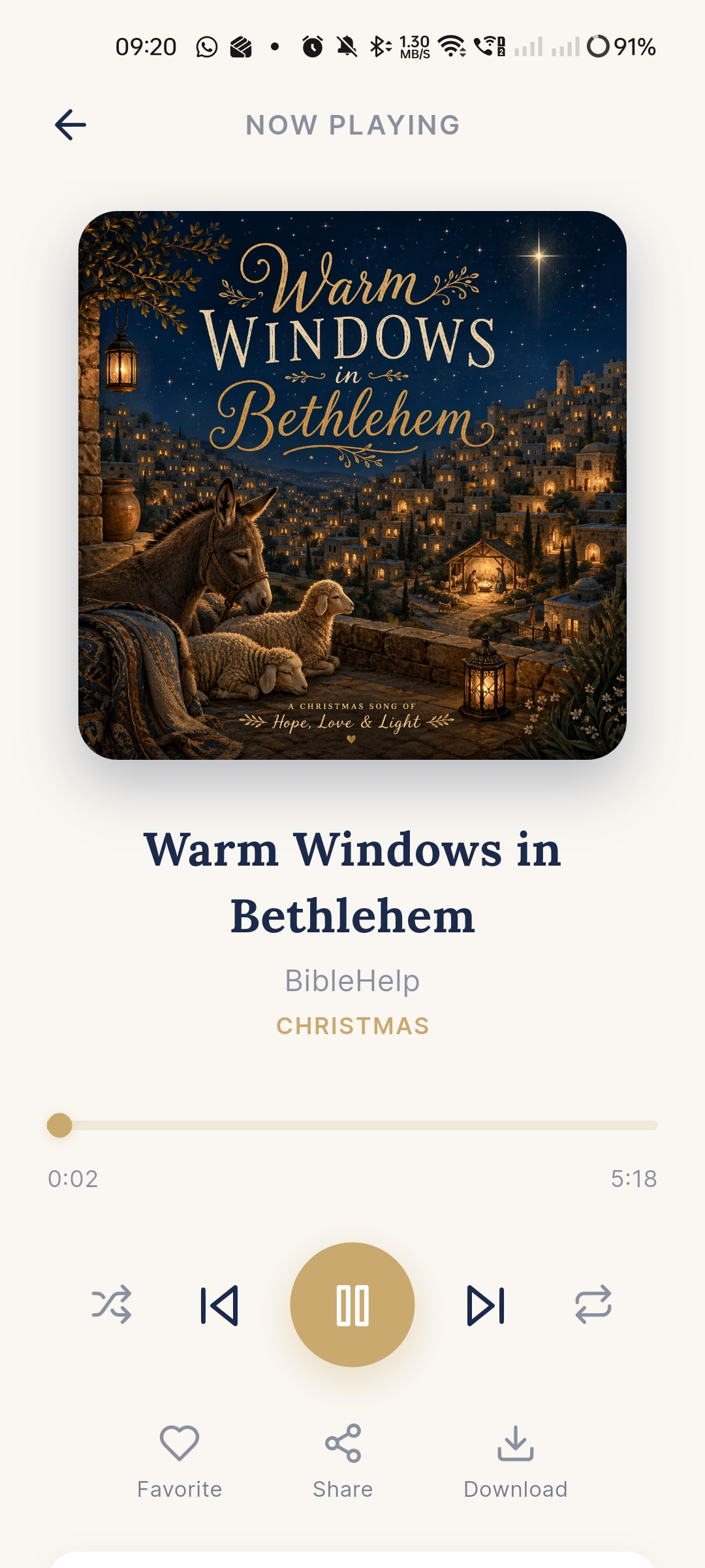 Now playing screen for a Christmas hymn