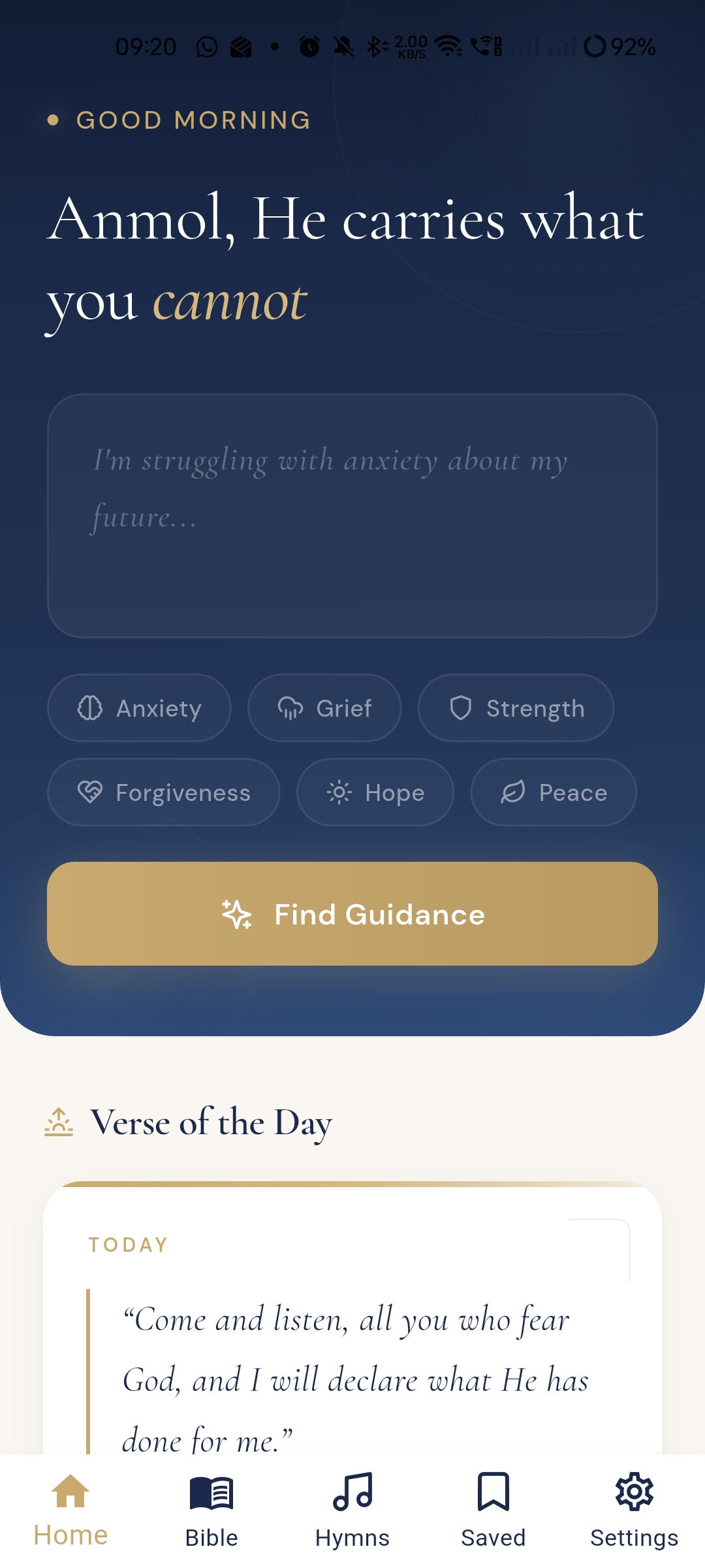 BibleHelp guidance screen: a single text box invites the user to ask anything they're carrying